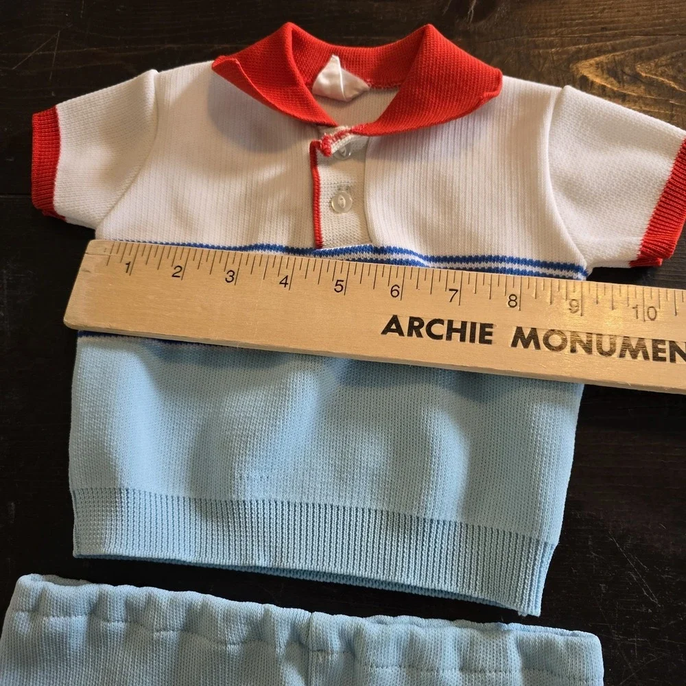 Vintage 60s Toddler Knit Outfit Size One / 12 Mo Sweater Shorts Blue Red‎ Stripe